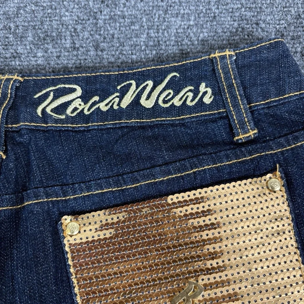 Vintage Y2K Juniors Roca Wear Flare Jeans Size 7 Sequin Gold Pockets Hip hop NWT